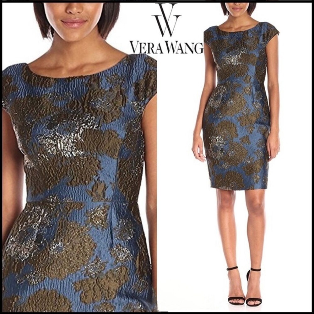 Vera Wang Teal Blue Jacquard Sheath Dress w/ Metallic Brocade Formal Cocktail 2